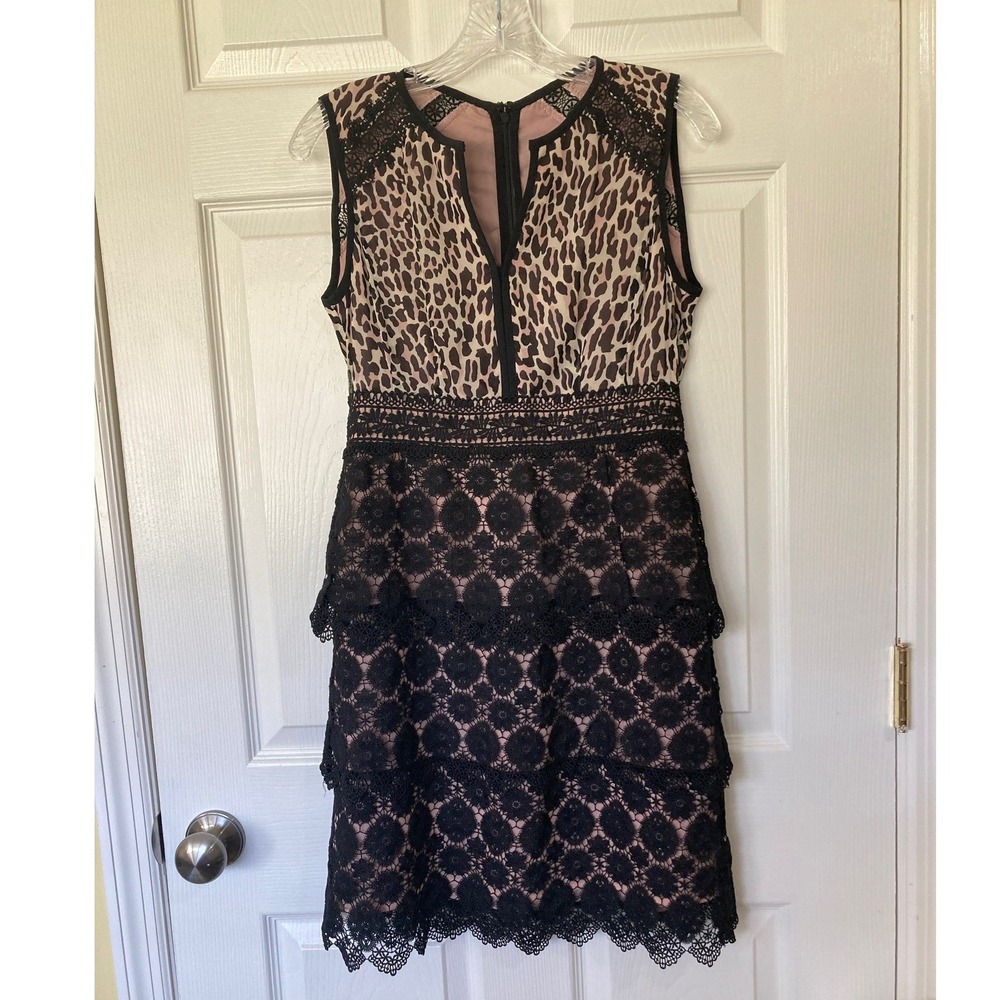 Nanette Lepore Silk Mini Dress 2 Leopard Tiered Scalloped Lace Designer Chic USA
